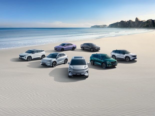 Geely line-up parked on a beach