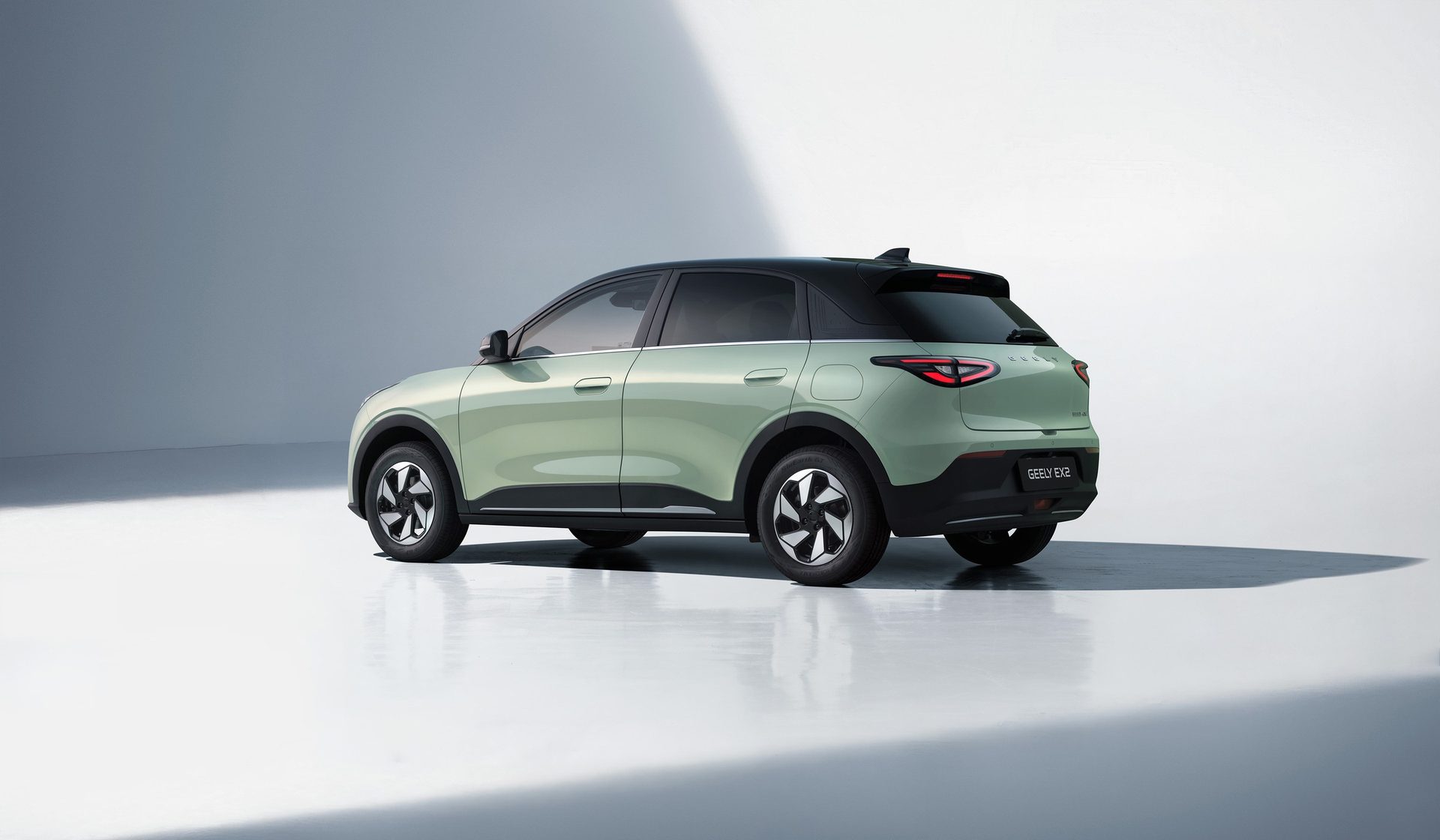 Geely EX2 rear three-quarter view in Aurora Green