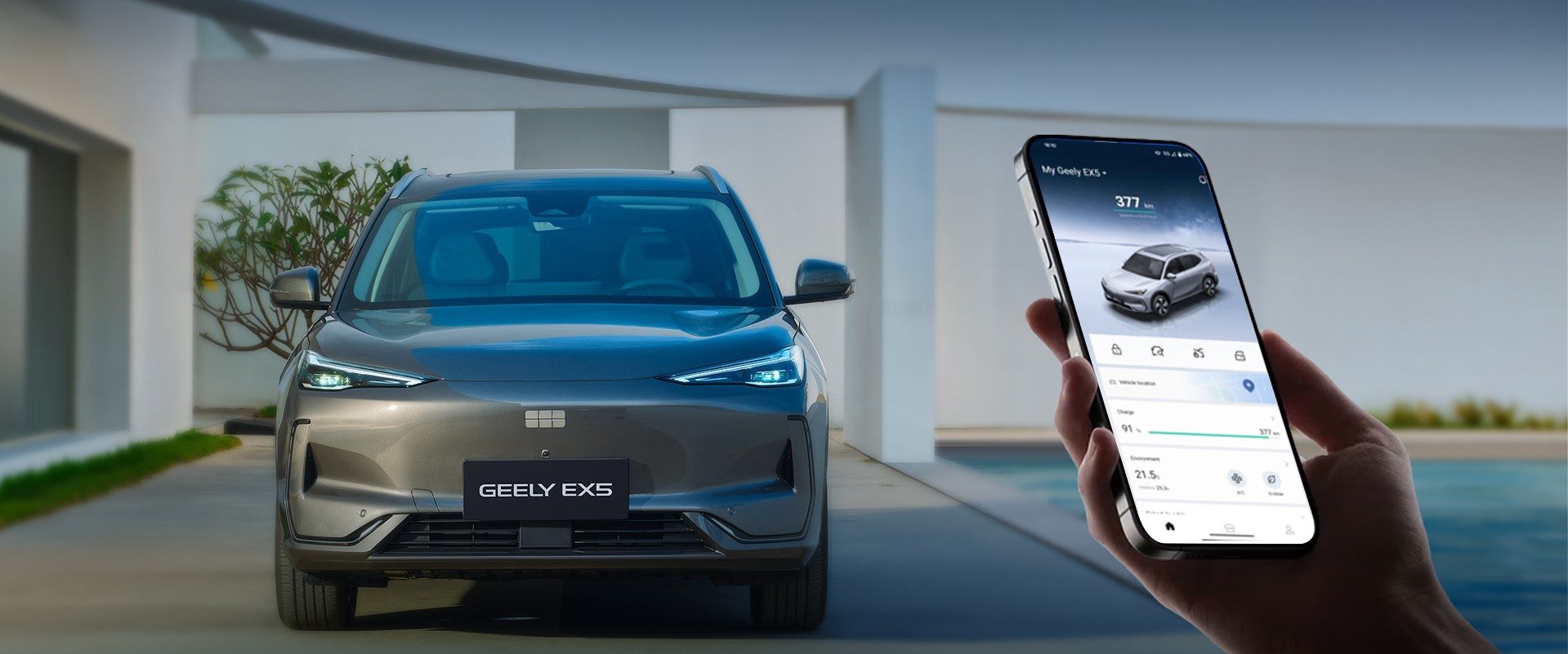 Geely EX5 with the Geely app on a phone